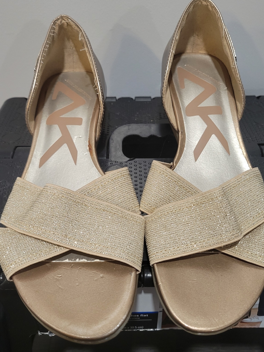 Anne Klein Sport gold shimmering crisscross flat sandal Sz. 6.5 Excellent Cond.